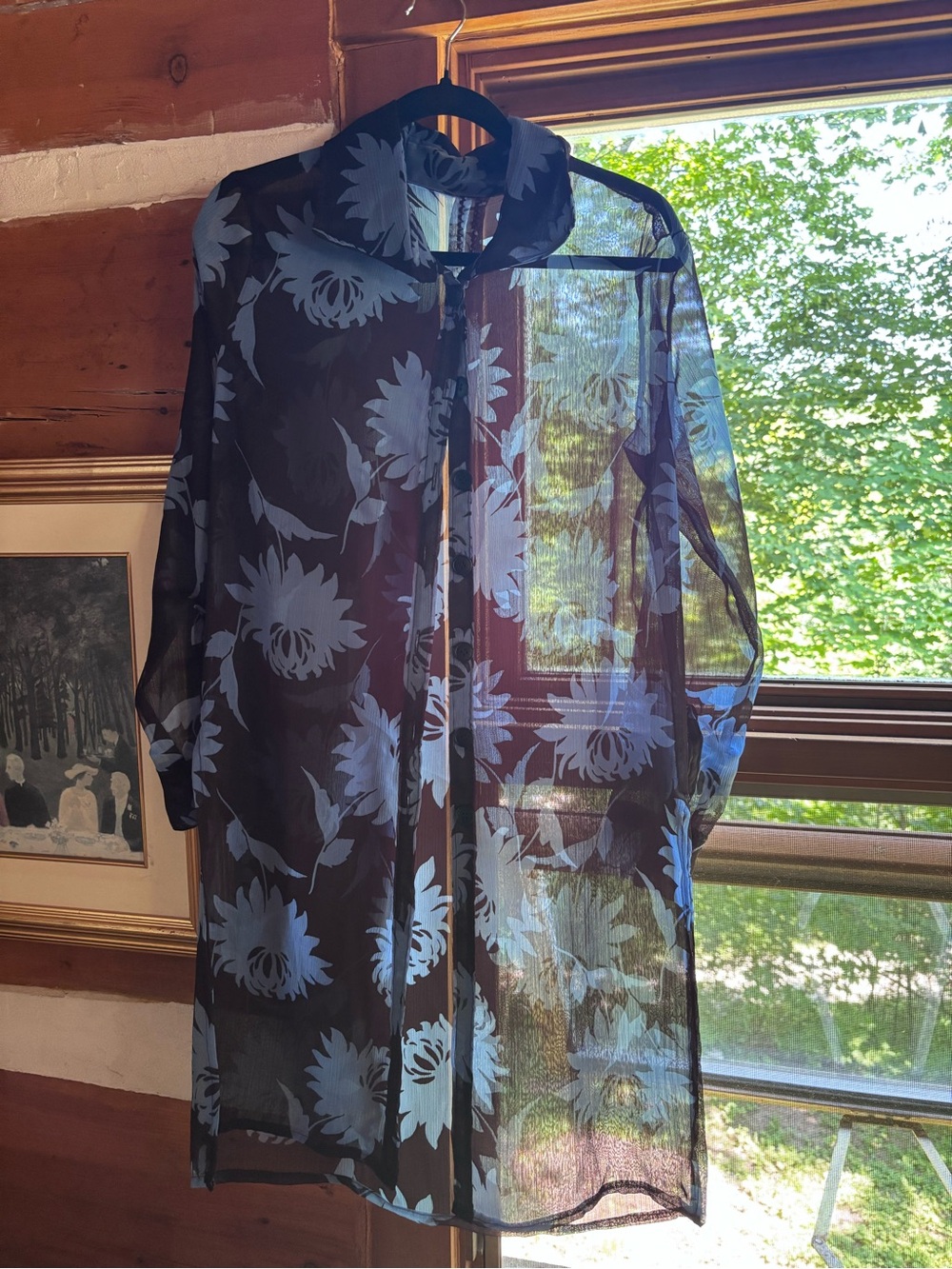 Sheer Floral Button-Up Tunic - Black with Light Blue Flowers